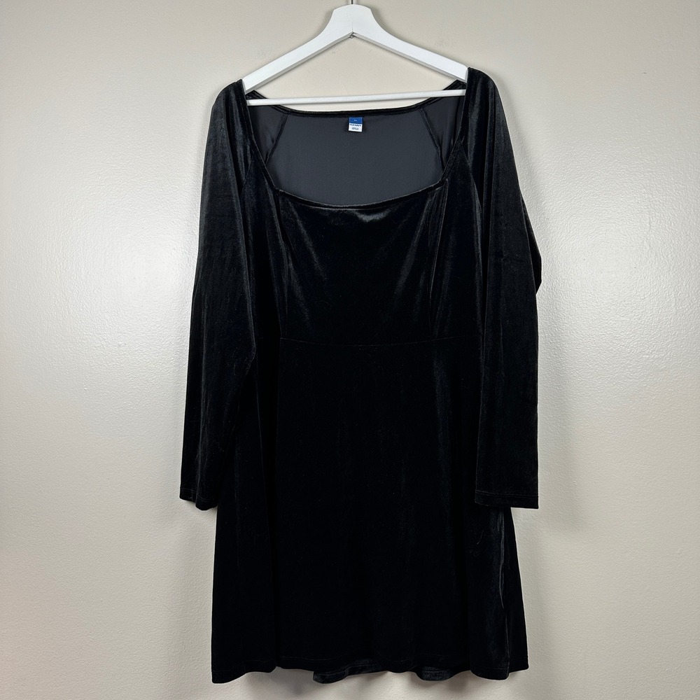 Old Navy Women's XL Flare Mini Dress Black Velvet Square Neck Long Sleeve NEW